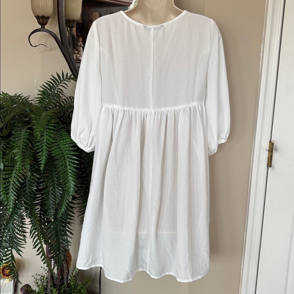 White Colorful Embroidered Tassel Babydoll Dress Puff Sleeves Beach V-Neck Mini - Picture 7 of 12